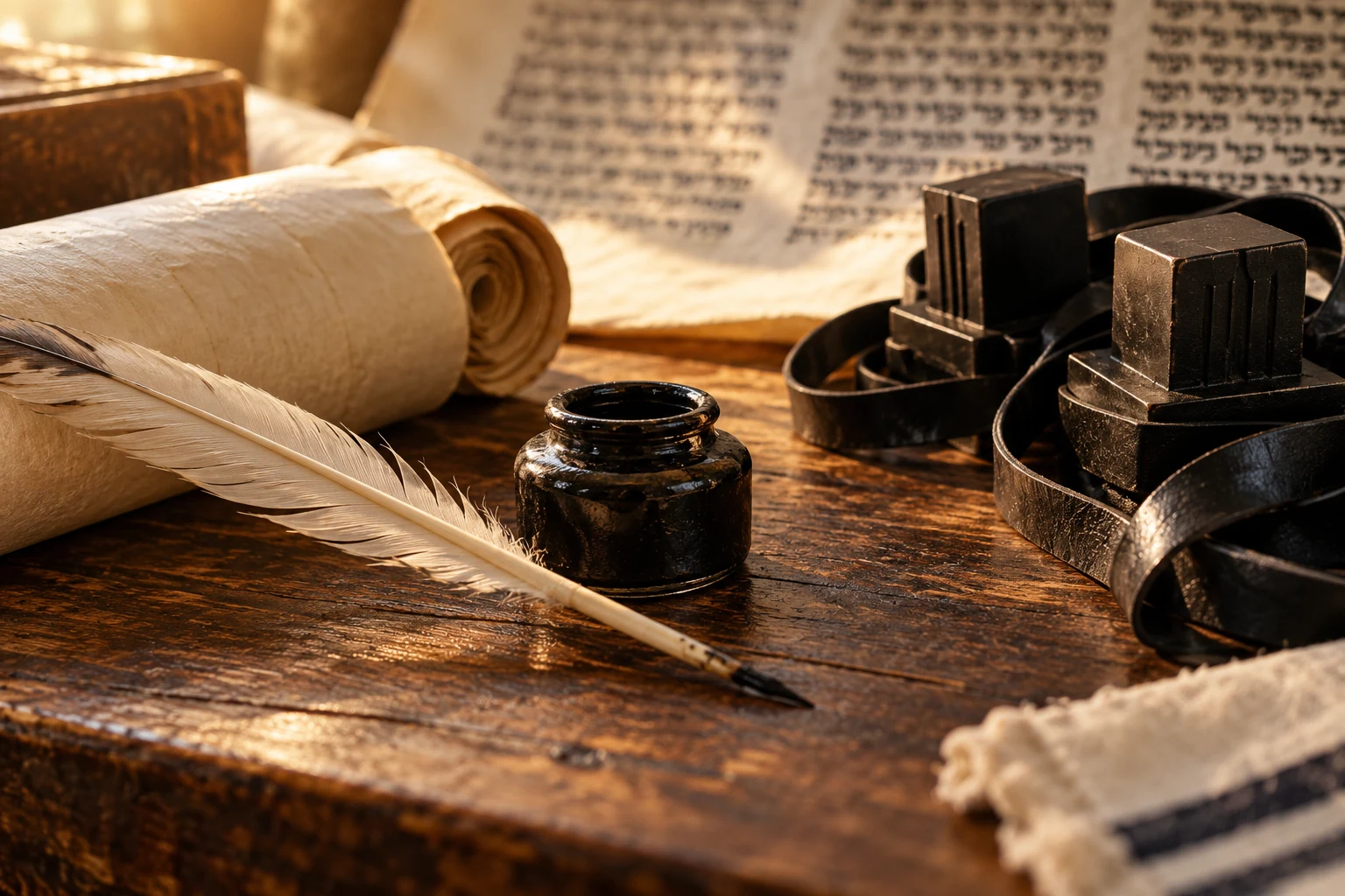 Quill, ink, parchment and tefillin on a warmly lit wooden desk